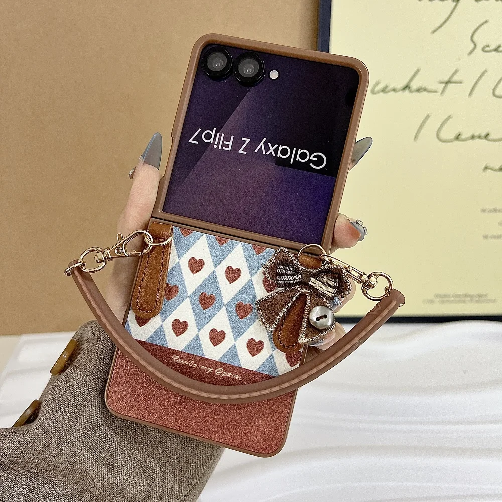 Korean Cute Love Heart Bowknot Phone Case with Bracelet - Shockproof Folding Cover
