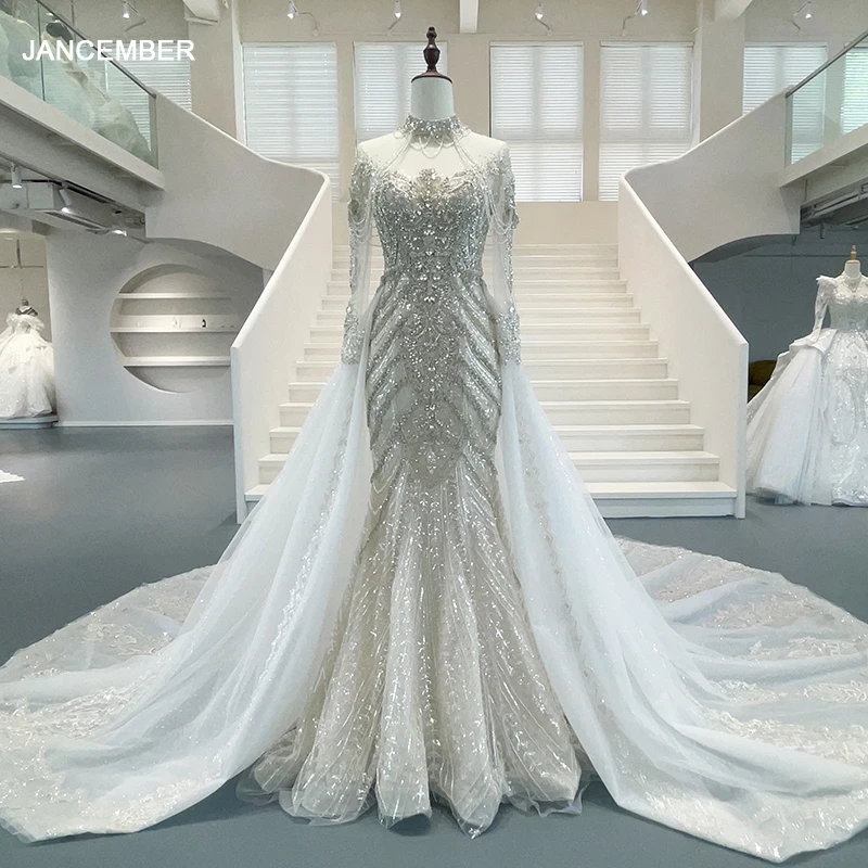 

Роскошное сверхтонкое романтическое свадебное платье, 2024 облегающее платье с длинными рукавами и юбкой-годе, украшенное кристаллами и бусинами, модель GT001