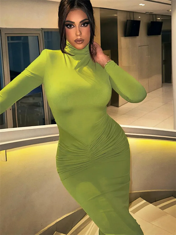 

Green High Neck Sexy Bodycon Midi Dress for Women Shoulder Pads Long Sleeve Skinny Party Dresses Casual Black Spring Vestidos