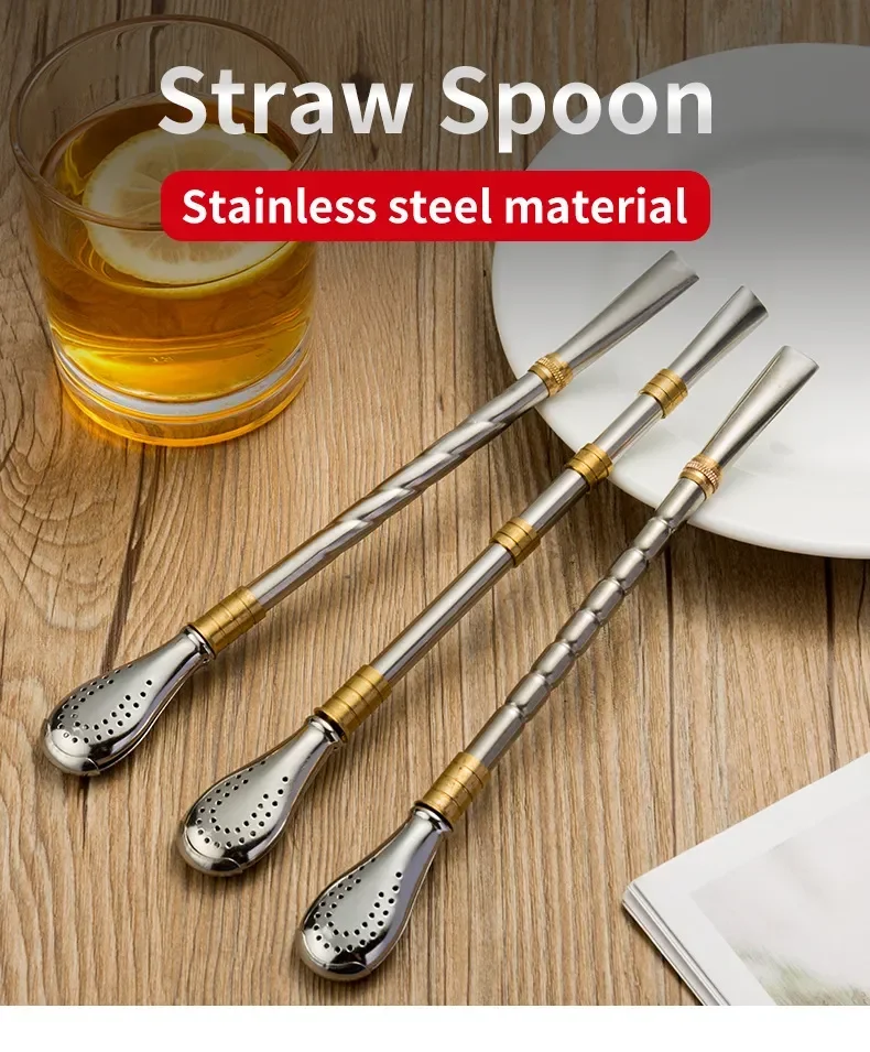 Description Picture 2 of itemDrinking Straw Yerba Mate Tea Spoon Drinkware Stainless Steel Reusable Straws Metal Washable Tea Filter Cocktail Drinkware Bar