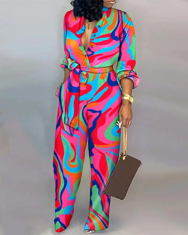 

Elegant Woman Jumpsuit 2023 Loose Long Pants Long Sleeve Halterneck Art Print Sets Office Playsuits One Piece Long Jumpsuits