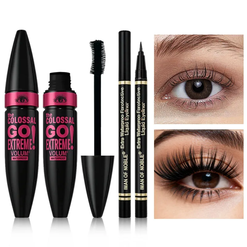 ماسكارا مع كحل كومبو، خط رسم أسود نحيف، تعريف سلس، مكياج عيون مقاوم للماء يدوم طويلاً، مجموعة مكونة من قطعتين