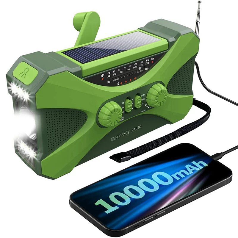 

2X 10000Mah Emergency Radio, Solar Hand Crank Radio, Portable Radio With Phone Charger, LED Flashlight Green