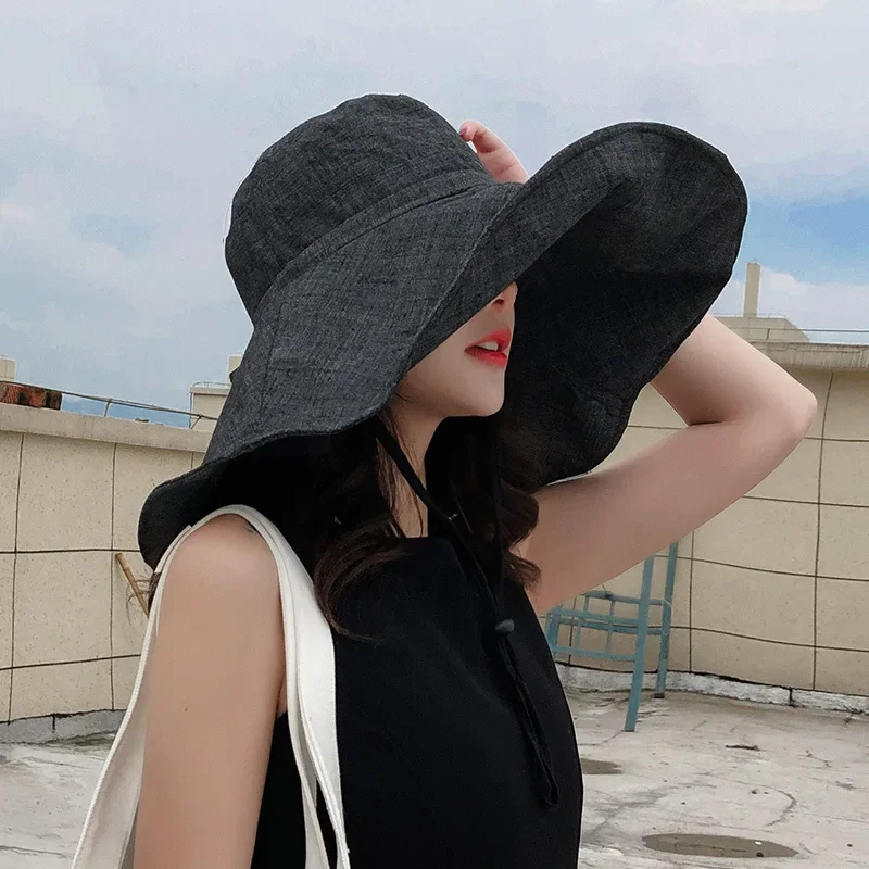 

Панама льняная с широкими полями для женщин, Солнцезащитная Складная пляжная шляпа от солнца, 18 см, с защитой от ультрафиолета UPF 50 +, лето 2023