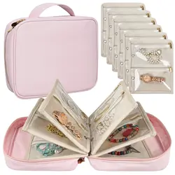 Compact Travel Jewelry Organizer with Clear Zipper Velvet Pouch (Pink)