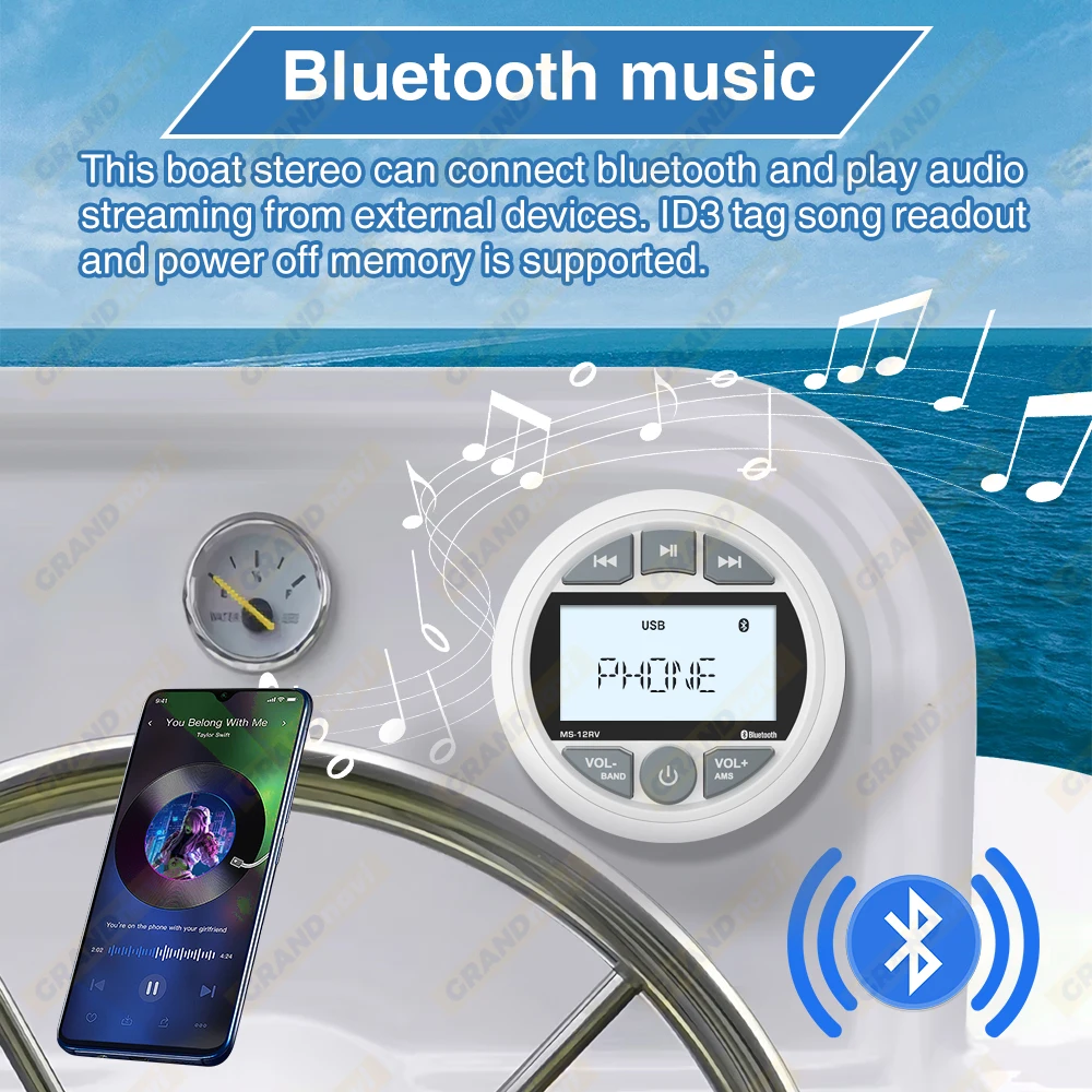 Marine Stereo Boat Radio GRANDnavi Bluetooth IPX5 Waterproof FM AM Digital Media Audio Player For Yacht Gauge ATV UTV Cart