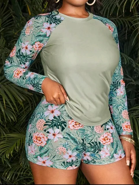 2025 Tropical Long Sleeve Swimsuit Women Plus Large Size Swimwear Female Bathers Bathing Swimming Swim Suit Beachwear 4XL 1