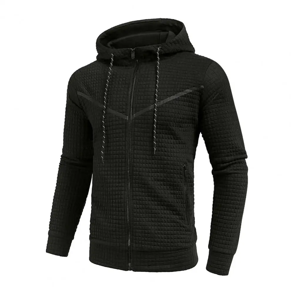 

Hooded Drawstring Hooded Top Men's Autumn Winter Hooded Sweatshirt with Zipper Placket Waffle Texture Sport Coat Jogging Suit