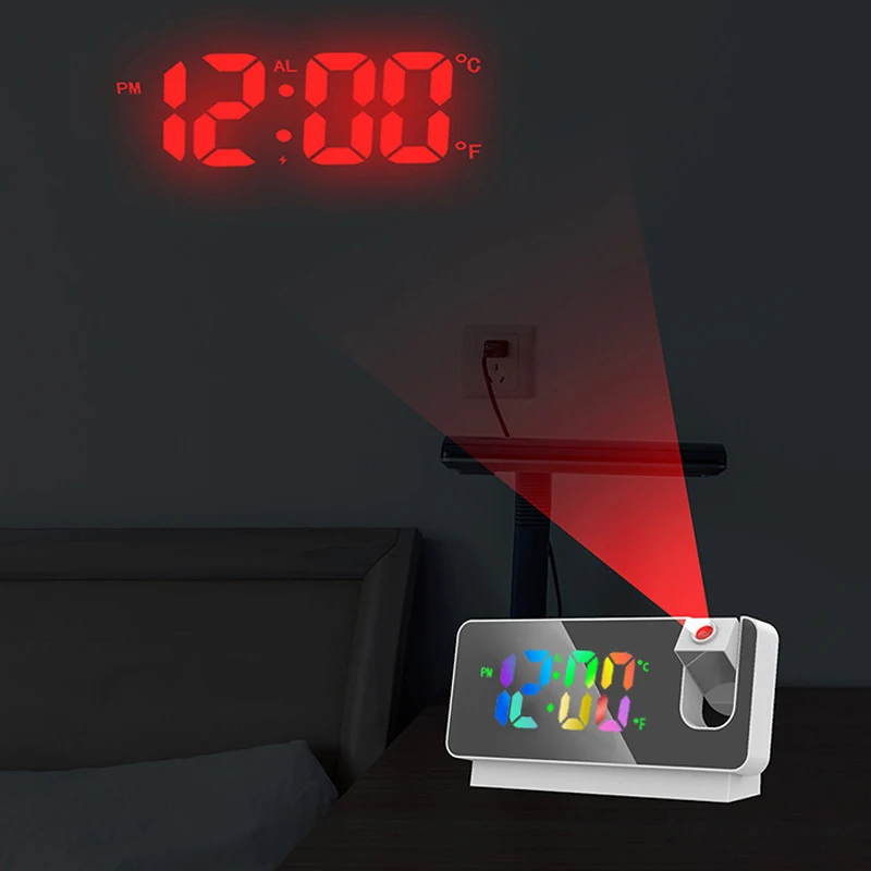 LED Large Screen Mirror Smart Alarm Clock Temperature & Humidity Creative Rotating Projection Home Decoration
