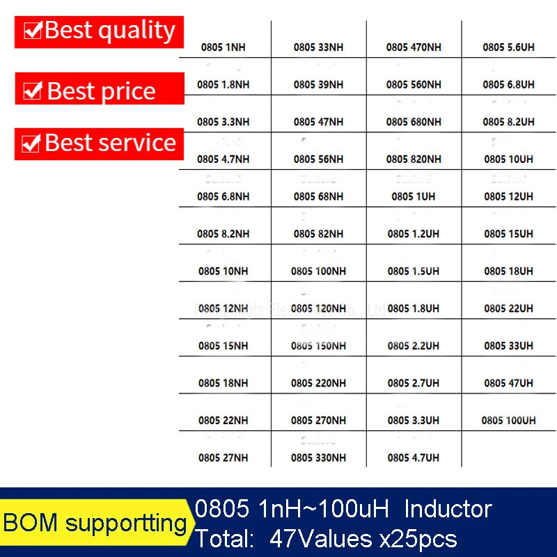 0805 SMD 다층 인덕터 샘플 북, 모듬 키트, 1nH 100uH, 47 값 x25 개 = 1175 개, 10NH 22NH 100NH, 신제품