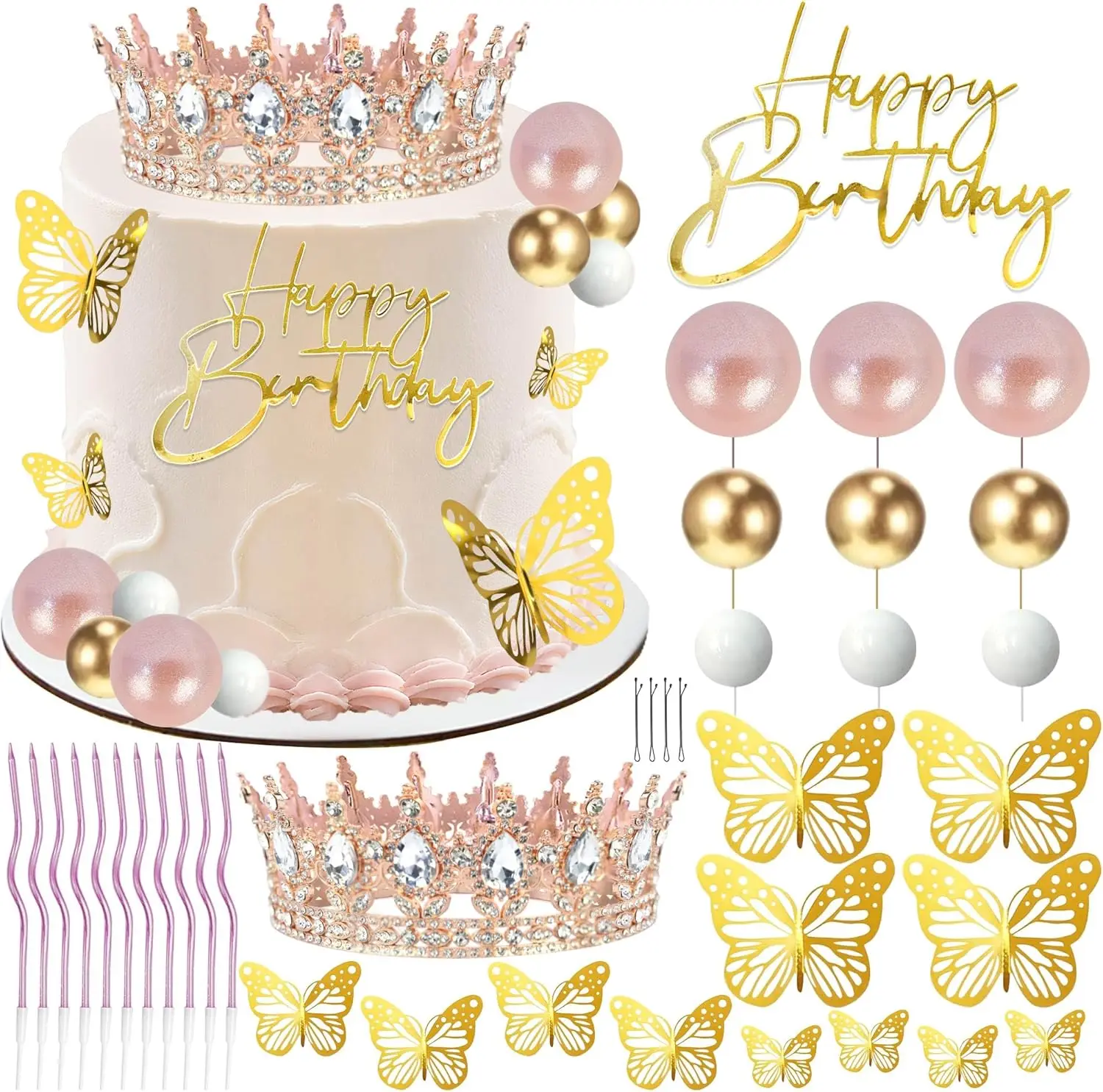 Kit Decorazioni Per Torta Compleanno - Corona Oro Con Cristalli, Farfalle, Palline E Candele Dorate