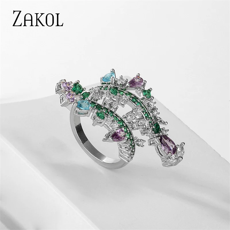 ZAKOL Luxury Mutilcolor Cubic Zirconia Engagement Rings for Women Shinny Green Crystal Banquet Ring INS Style Party Jewelry