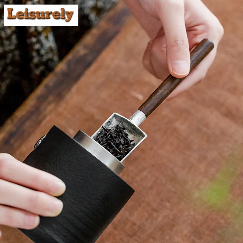 Handamde Rock Pattern Tin Tea Scoop Creative Blackwood Ebony Handle Tea Shovel Chahe Awakening Tea Coffee Ladle Cafes Ornaments