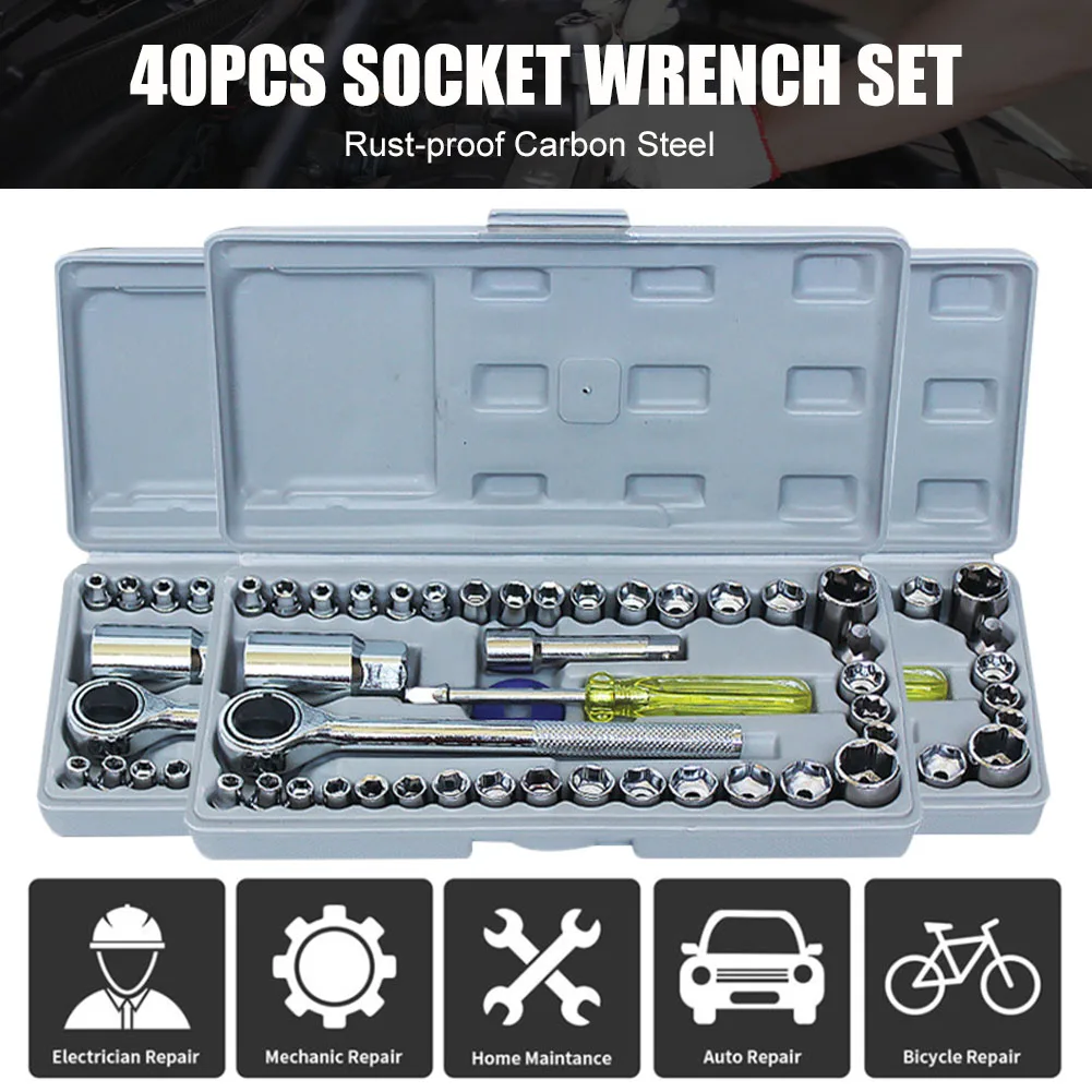 

40PCS Universal Socket Wrench Set Hand Tool Carbon Steel SAE/Metric 1/4" 3/8" Drive Ratchet Spinner Wrench Set Car Repair Tool