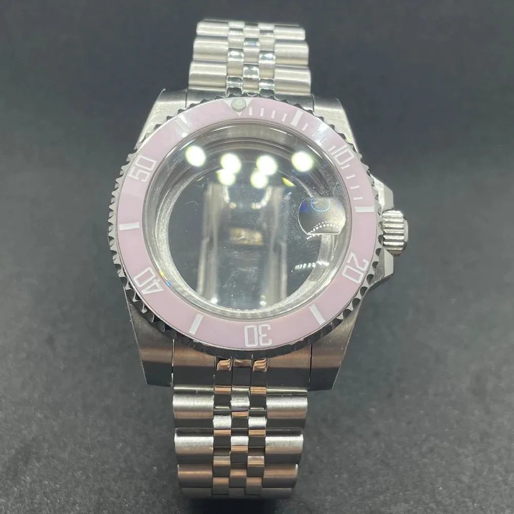 Elegant 40MM Stainless Steel Watch Case with Solid Bracelet and Glide Lock Clasp