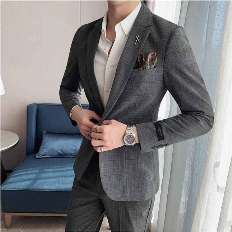 (Jacket+Pant) Latest Design Check Men Suit Groom Wedding Stage Tuxedos Best Costume Men Business Social Suits 2 Piece Set