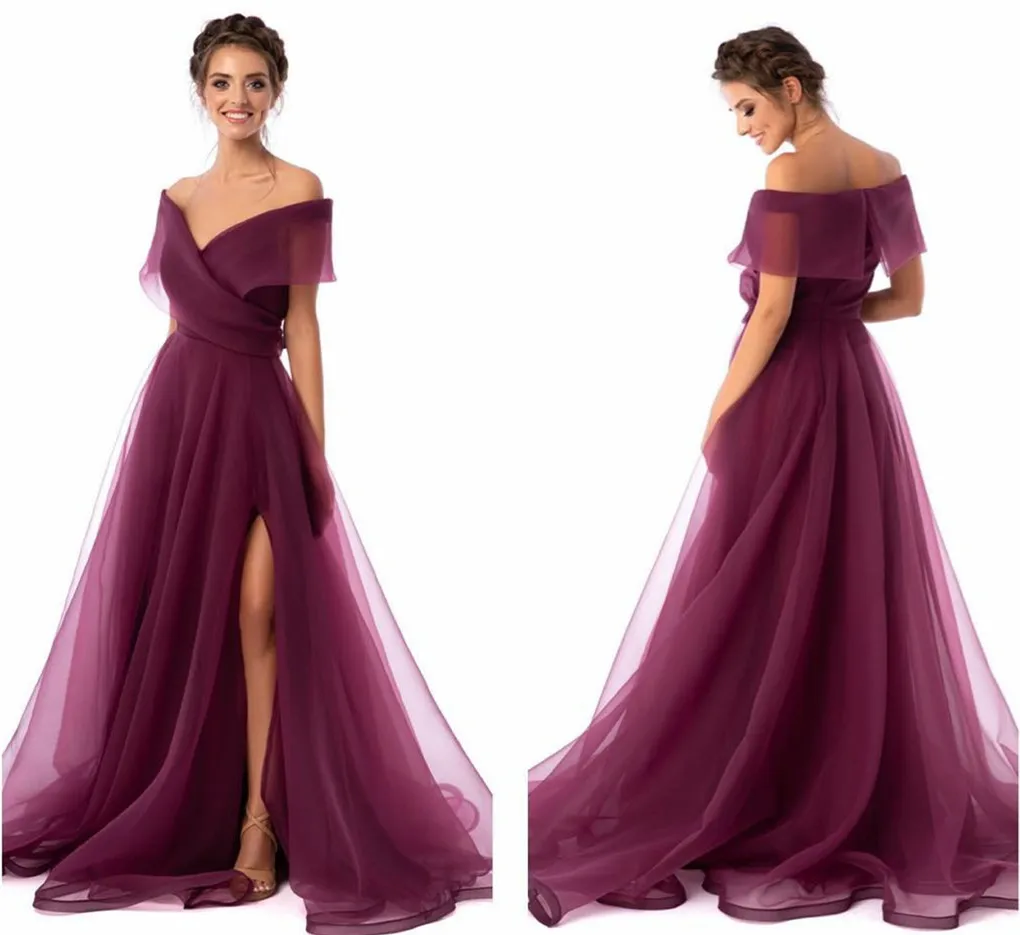 

Elegant Long Organza Grape Evening Dresses With Slit فساتين السهرة A-Line Off Shoulder Prom Dress Robe de soirée for Women