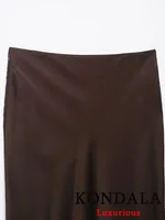 KONDALA Vintage Chic Chocolate Brown Satin Skirts Front Split Lace Midi Skirts Fashion 2025 Evening Club Party Women Long Skirts - Image 6
