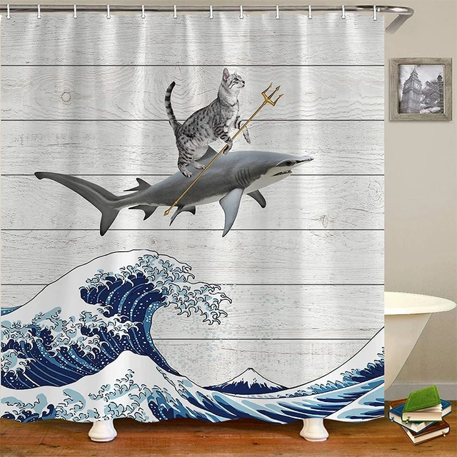 Funny Cat Shark Shower Curtain, Cute Cat Riding A Shark With Kanagawa Bathroom  Curtain, Cool Fabric Shower Curtains With Hooks - Shower Curtains -  AliExpress