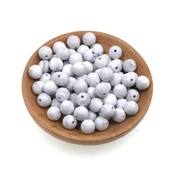 Bulk Set of 50 Round Silicone Beads for DIY Jewelry and Accessories - Assorted Sizes (Marble white)