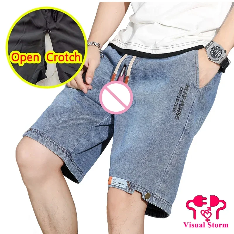 Man Open Crotch Hidden Zipper Pants Sexy Shorts Gay Jeans Knee Length Pocket Crotchess Trousers Short Clubwear Summer Costume