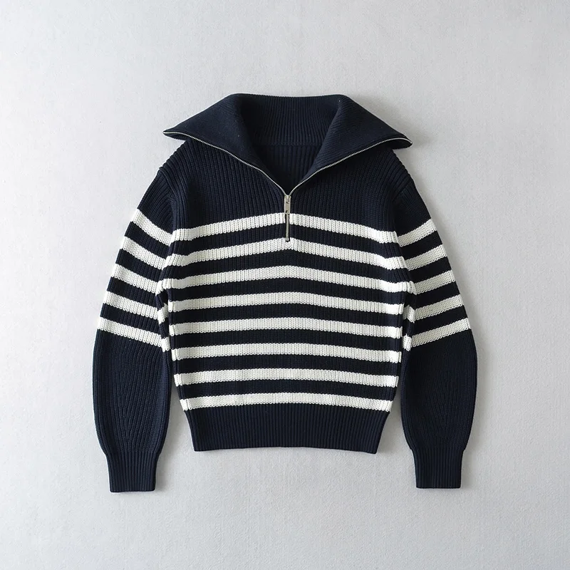 Women Striped Chunky Quarter Zip Collared Knit Sweater Jumper