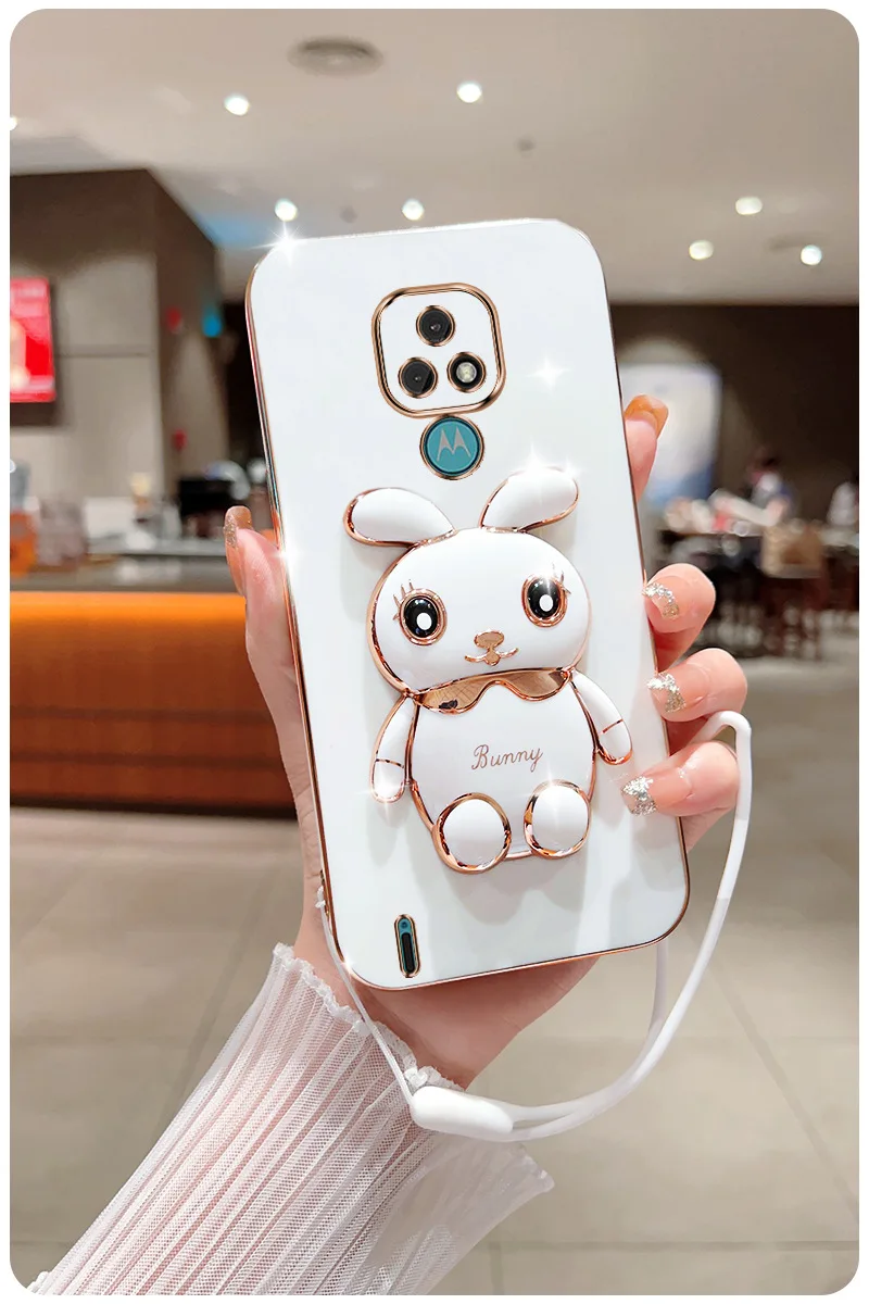 3D Rabbit Astronaut CaseFor Motorola Moto G53 E7 G8 Power G9 Play G50 G20 G30 G60 G82 E20 Edge 20 Folded Bracket Plating_voghion.com