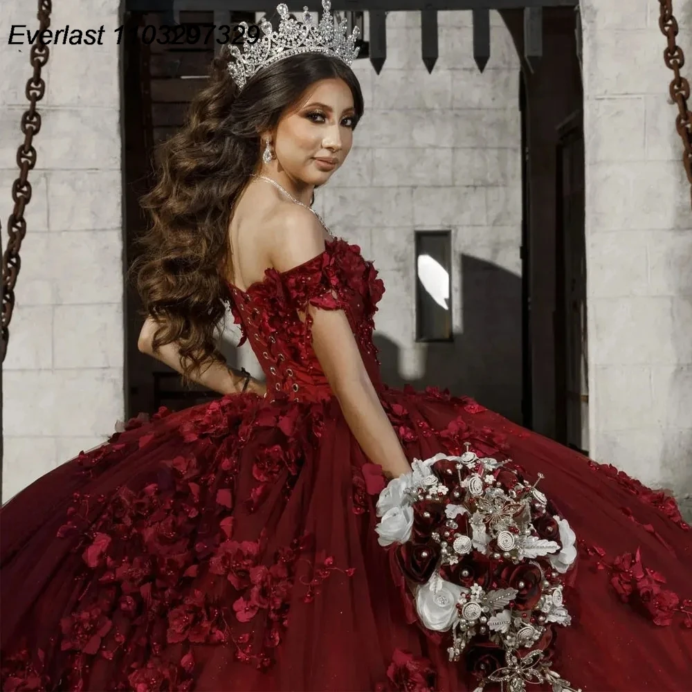 Quinceanera Dress Burgundy Ball Gown Floral Applique Beads Mexican Corset Sweet 16 Vestidos De 15 Anos TQD836