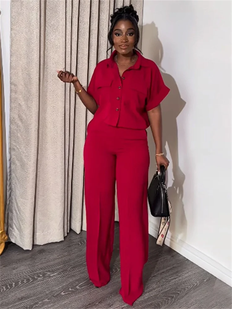 Wmstar Two Piece Set Women's Clothing Pants Sets Solid Button Shirt Top Leggings Pants Matching Summer Wholesale Dropshipping