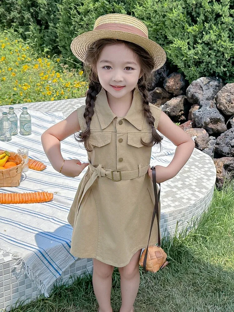 Vestido De Verano Sin Mangas Para Niña - Con Fruncido Y Bolsillos, Tejido De Poliéster, Estilo Moderno