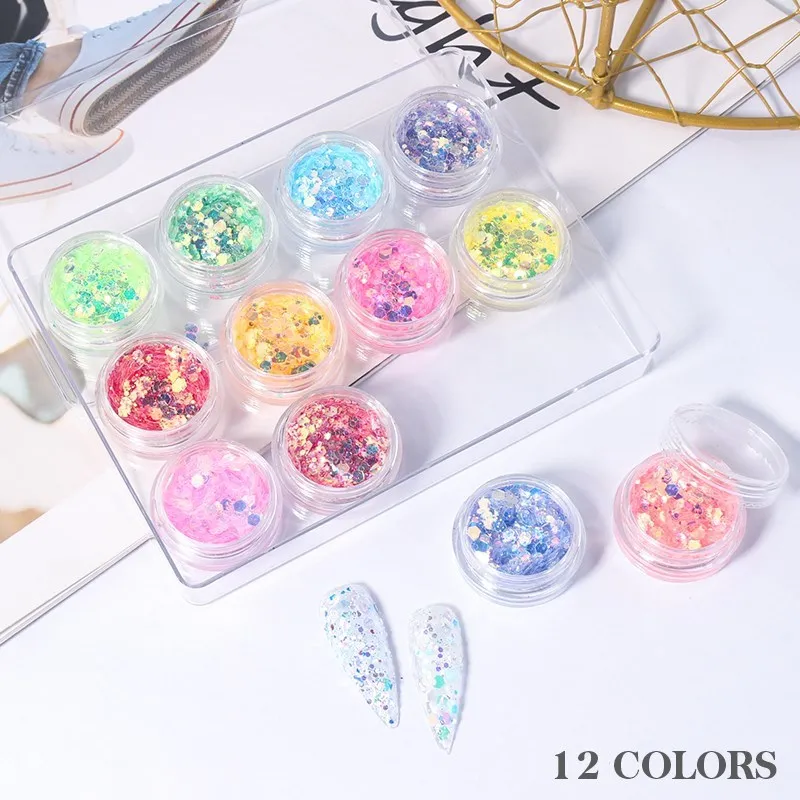 

12 Color Nail Chunky Glitters Sequins Iridescent Flakes Cosmetic Paillette Ultra-Thin Tips for Body Face Nail Art Mixed Glitter