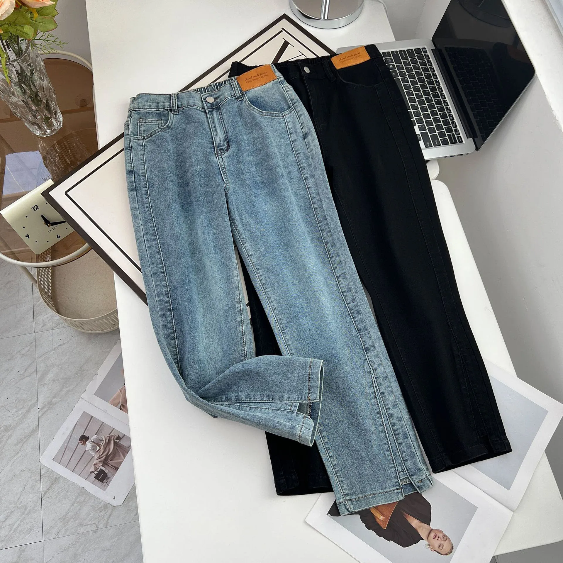 Women's Split Leg Opening Drainpipe Jeans, Casual Ankle Length Denim Pants, Straight Leg, Plus Size, Spring, Autumn, 100kg, 1649