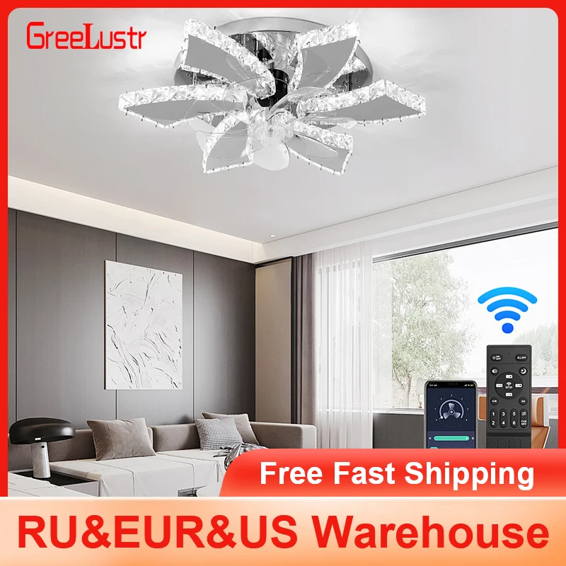 

Crystal Ceiling Fan With Light Remote Control Adjustable 6 Level Speed Luminaire Bedroom 7 Heads Led Fandelier Lamp Living Room