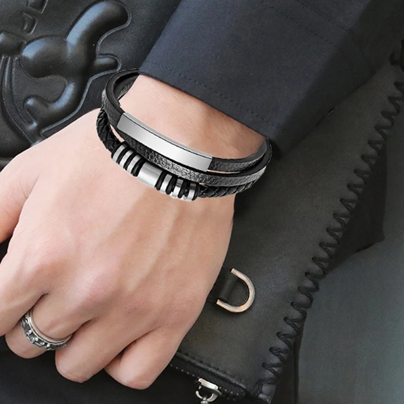 Stainless Steel & Leather Multilayer Men's Bracelet - Stylish Gift