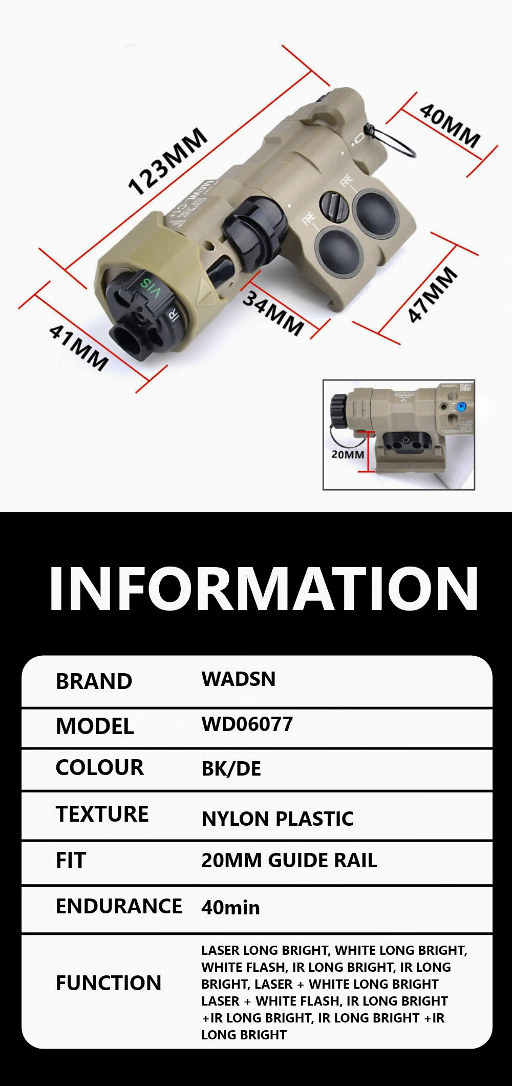 Description Picture 3 of itemWADSN New MAWL-C1 Upgraded Tactical Airsoft Nylon Plastic CNC LED Aiming MAWL Red Dot Green Blue Hunting Weapon Lights IR Laser