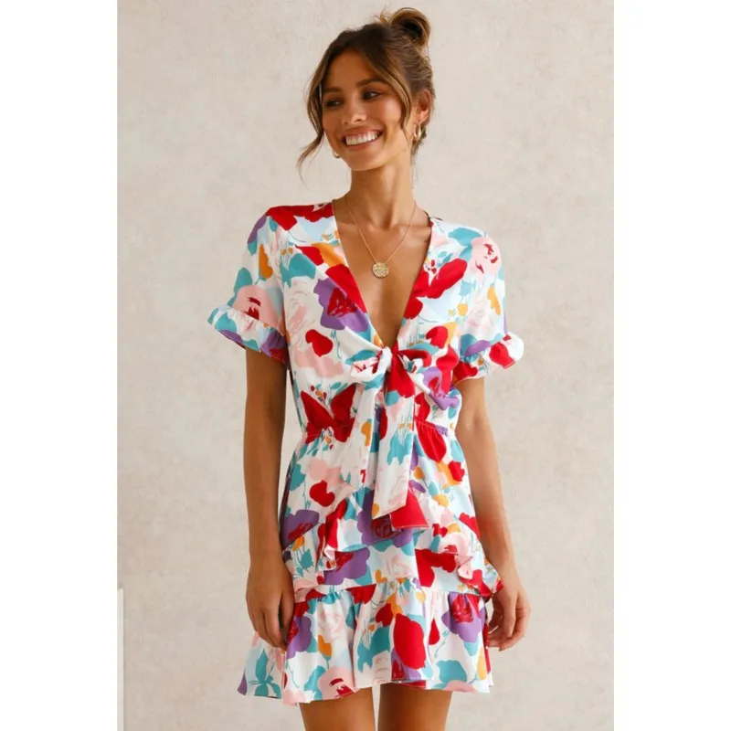 

Sweet Elegant Women's Printed Dresses Bow Tie V-Neck Trumpet Short Sleeves Ruffle Beach Breeze A-Line Mini Sexy Dresses Splicing