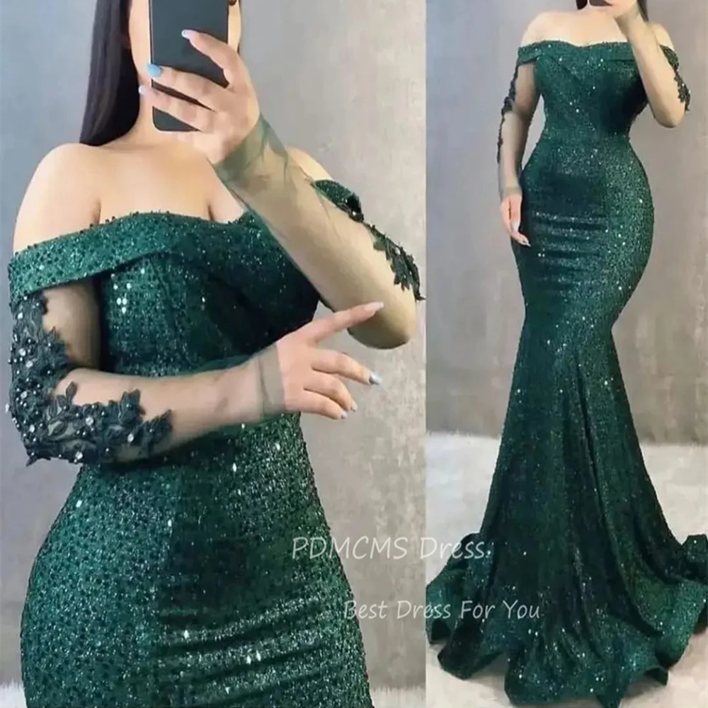 

Sparkly Green Mermaid Evening Dresses Sequined Off Shoulder Long Sleeves Applique Arabic Women Formal Prom Gowns Sexy Plus Size