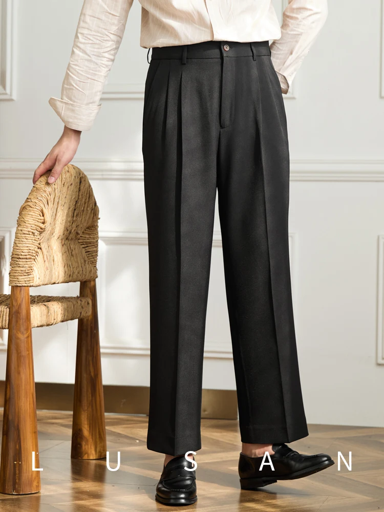 Vintage doppelt plissierte breite Bein nicht bügeln drapierte Freizeit hose Business Pendler atmungsaktive hohe Taille trend ige Herren hose