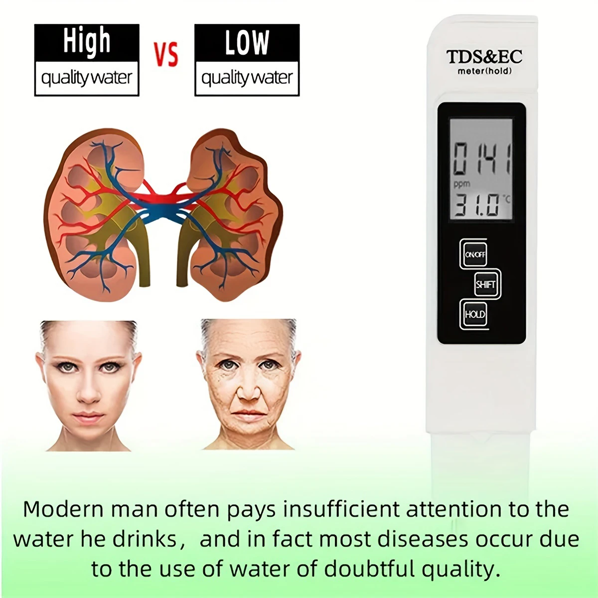 3in1 Water Quality Detection Pen Household Drinking Water Purity EC Meter High Accuracy TDS Meter 0-9990ppm Digital Water Tester 3