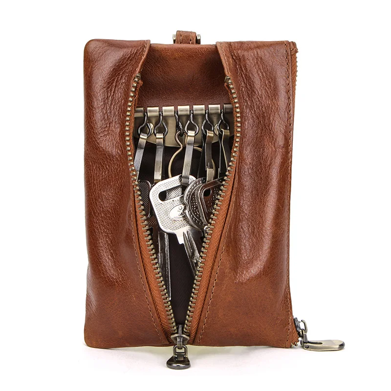 Contact'S Genuine Leather Zipper Coin Wallets for Women Brown Car Key Housekeeper Holders Mini Coin Purse Key Organizer