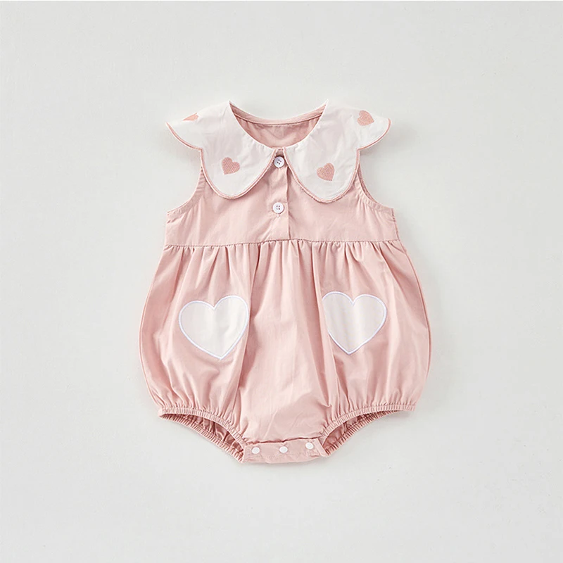 thumbnail image 1 of Ropa coreana de verano para bebé, mono sin mangas con corazón bordado para niñas pequeñas, bonito cuello Peter Pan, una pieza para niños de 0 a 3 años, 1 of 6