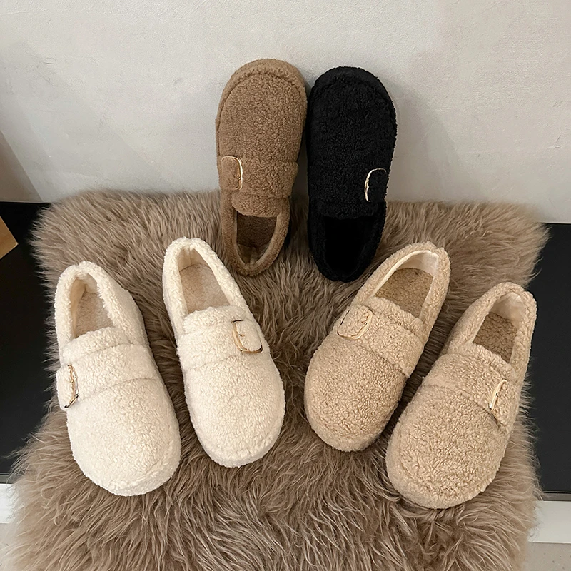 

Туфли женские с круглым носком, повседневные кроссовки, лоферы, мех, без застежки, клоги, на платформе, Мокасины, корейский стиль, Осень-зима 2023