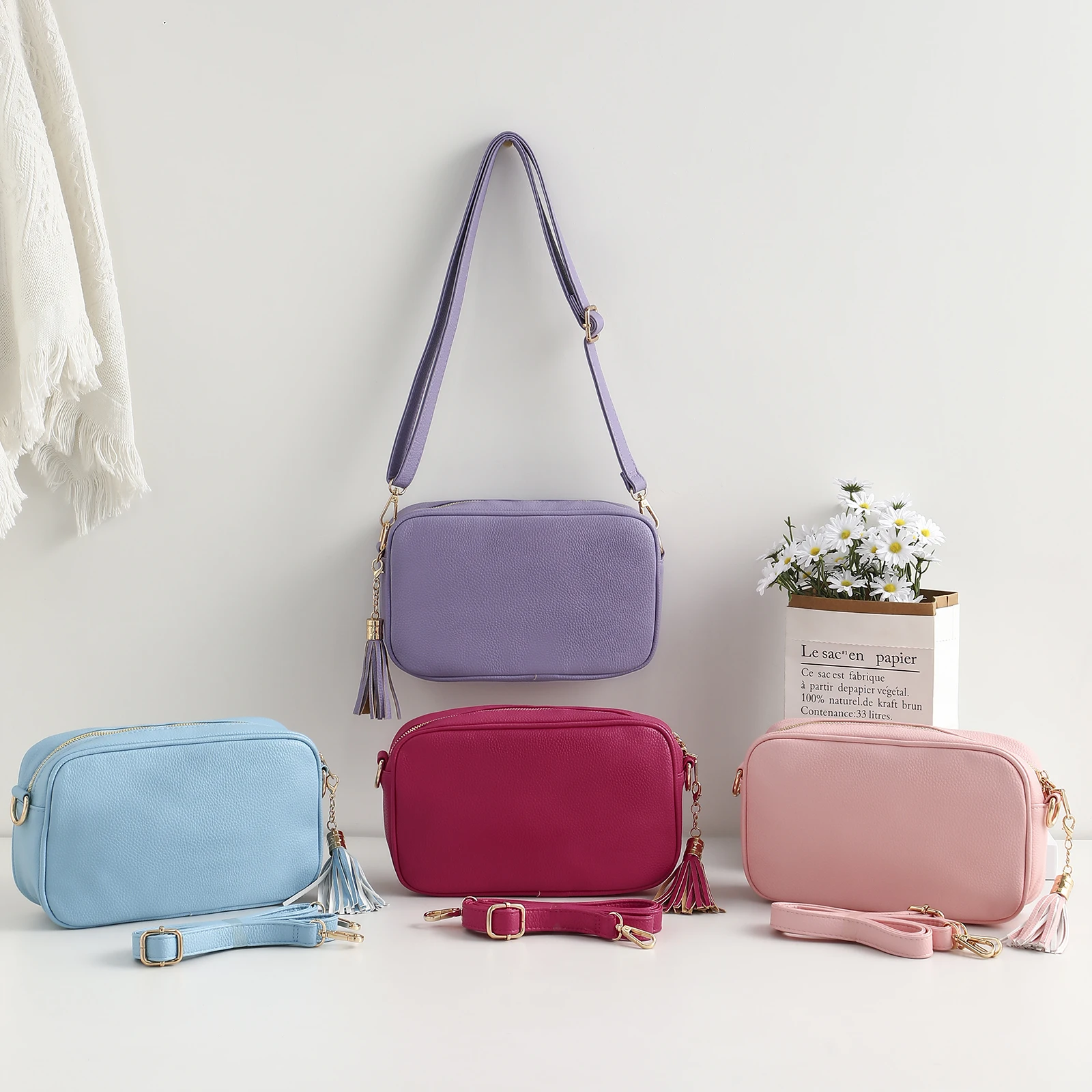 Small Sling Bag For Women Crossbody Tassel Faux Leather Trendy Shoulder Bags Solid Color With Guitar Strap Ladies