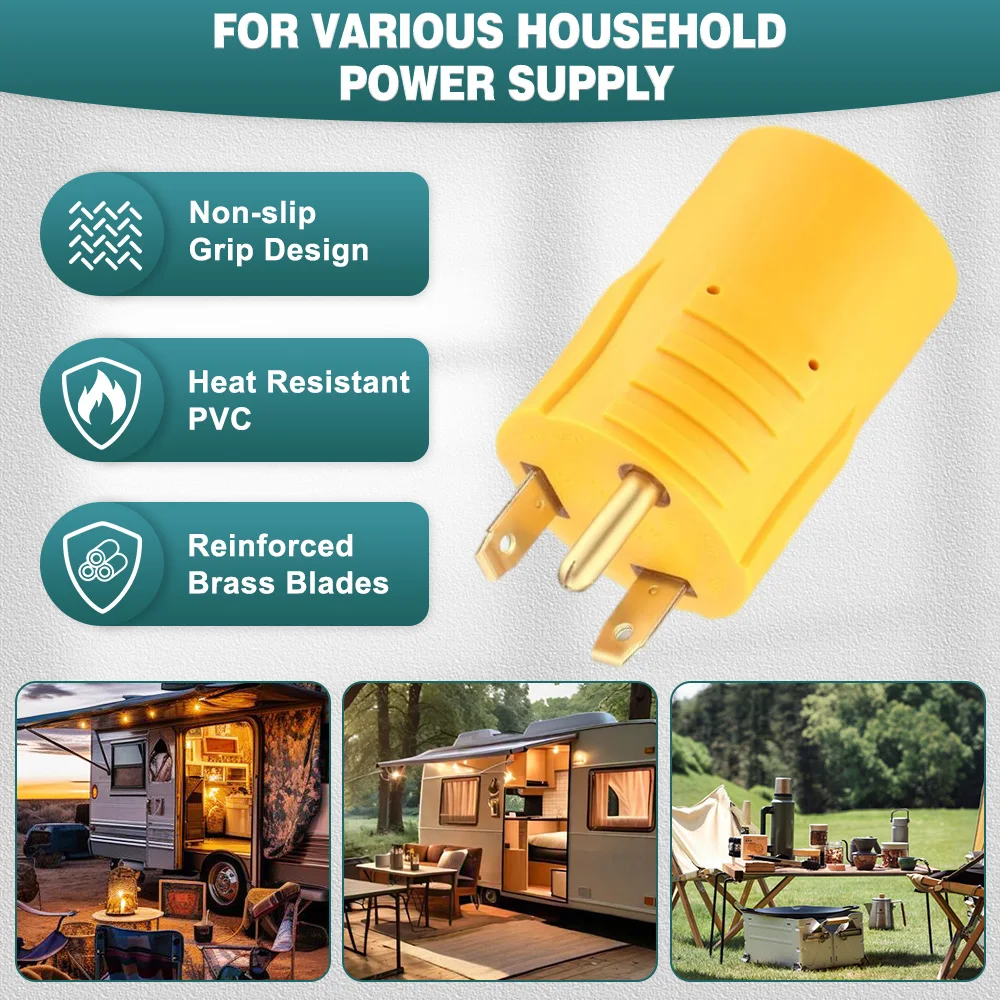 Yellow US Plug Type Shore Power Generator Adapter Compatible with NEMA TT-30P Male to L5-30R Female For RV Trailer Camper