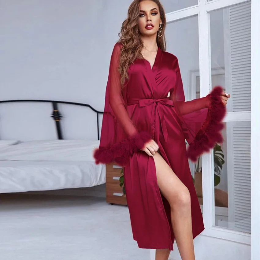 Feathers Long Sleeve Bathrobe Women Nightwear Sleepwear Casual Soft Satin  Kimono Robes With Belt Female Sexy Loungewear - Robes - AliExpress