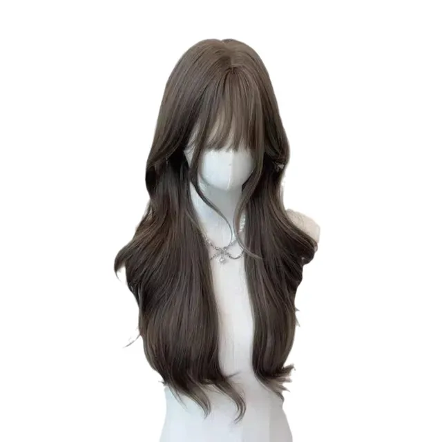 Gray brown neat bangs large wave synthetic wig | high quality soft hair natural headgear | suitable for daily wear 5