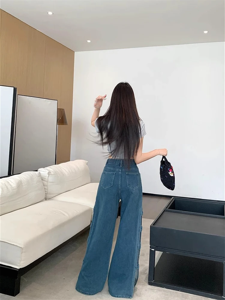 프랑스어 레트로 여름 블루 우아한 높은 허리 휴가 긴 바지 여성 다목적 속이 빈 스플릿 청바지 바지 streetwear 세련된