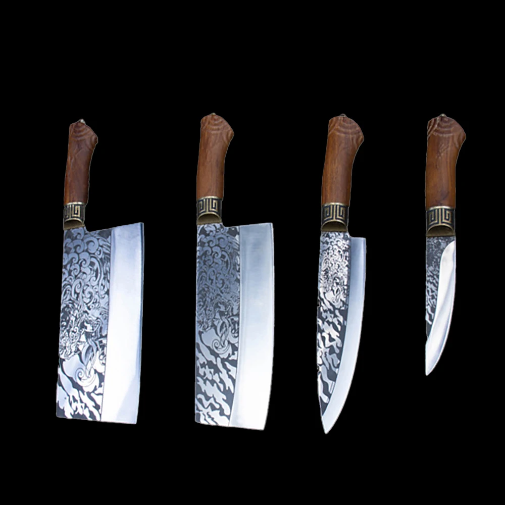 

XSG 4 Pcs Retro Chinese Chef Knife Set Butcher Slicing Meat Cleaver Handmade Forged 7Cr17MoV Steel Kitchen Knives Wood Handle