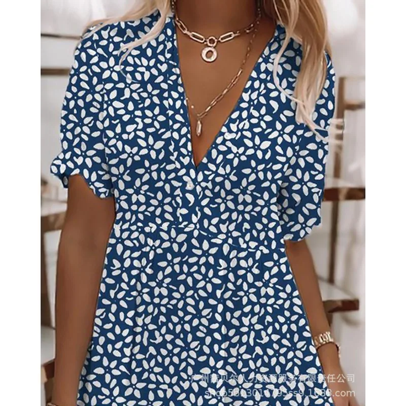 

Y2K V Collar Casual Floral Dress Slim Fits 2023 Women Summer Dress Short Sleeve Loose Fashion Streetwear Knee Length Dress