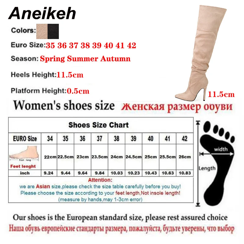 Aneikeh Women's Fashion Pointed Toe Thin Heel Over Knee Boots Spring/Autumn Flock Splicing Side Zipper Chelsea women high heel boots